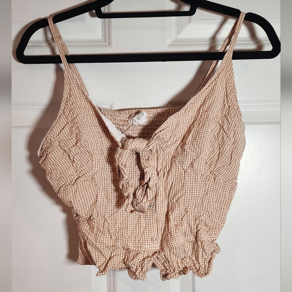 Japna Gingham Tan And White Women's Crop Tank Top L